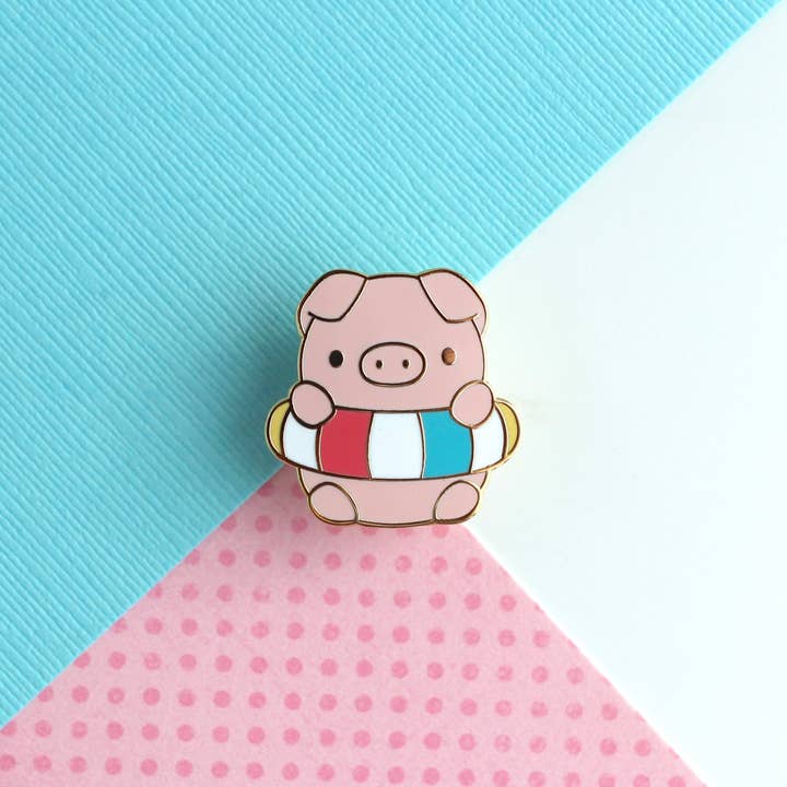 Pig in a Floatie Enamel Pin / Animal at the Beach in Summer for wholesale by Wild Whimsy Woolies