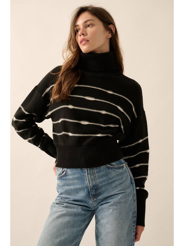 Promesa USA - Wholesale Knit Sweater - Women's - Striped Knit Banded-Hem Cropped Turtleneck Sweater