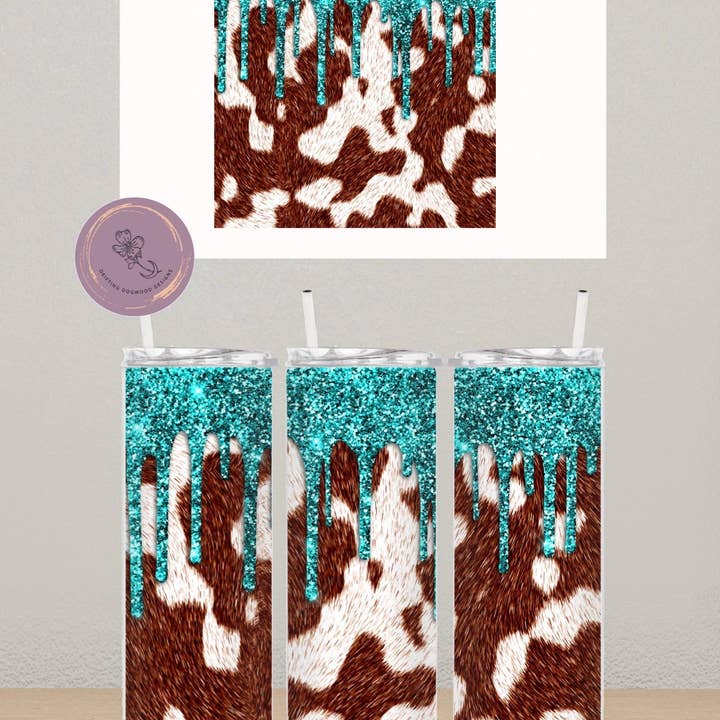 Cow Print & Turquoise Glitter Drip Tumbler for wholesale by Drifting Dogwood Designs