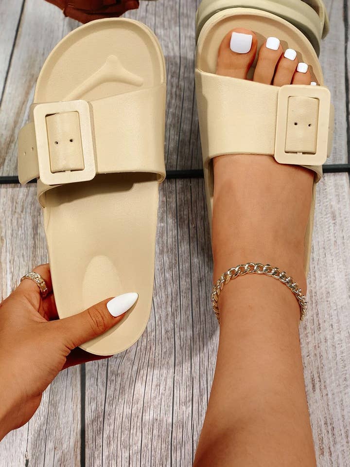 Buckle Decor Wide Band Thick Sole Slippers for wholesale by Poppy Lee Lane