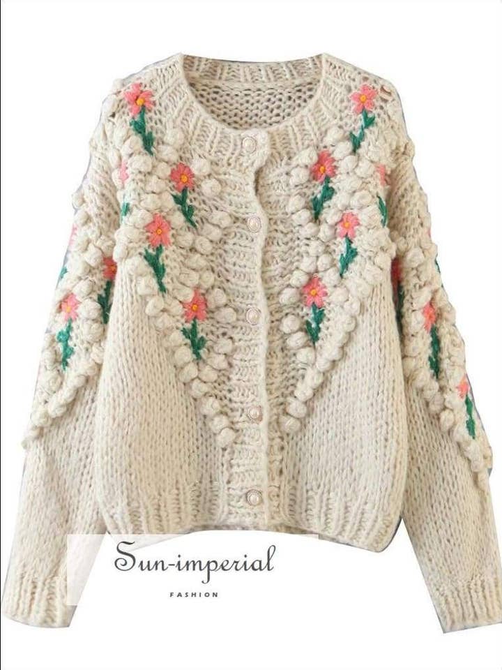 Over Sized Beige Knitted Cardigan with Floral Embroidery for wholesale by Sun Imperial