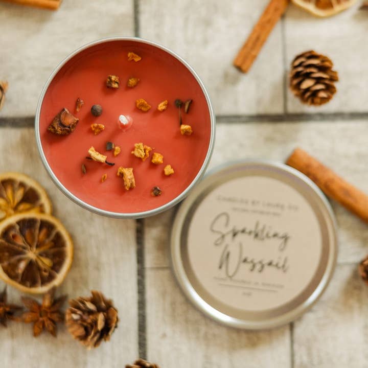 Sparkling Wassail 8 oz Soy Gift Tin for wholesale by Candles By Laura