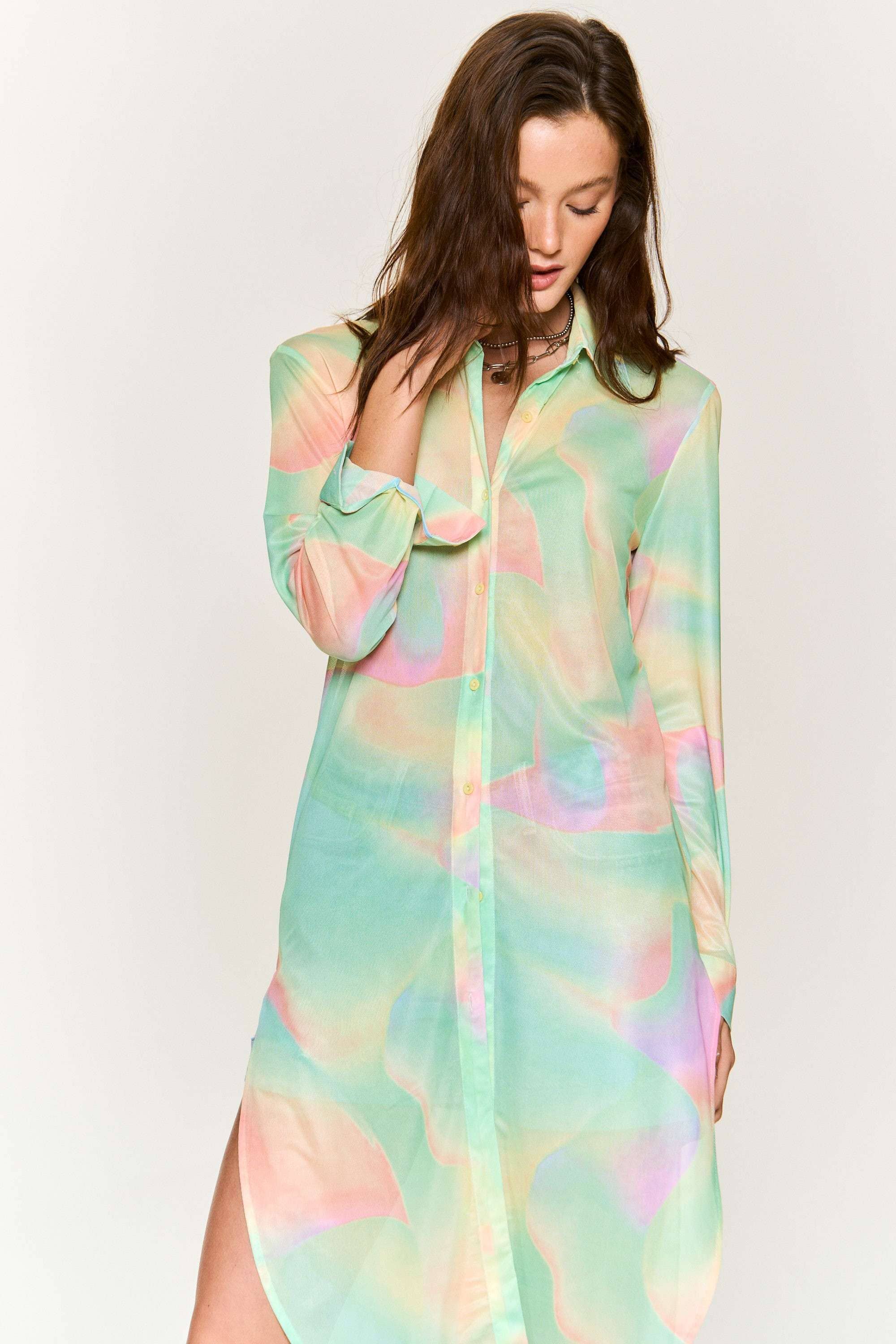 Hers & Mine - Wholesale Button Down Shirt - Women's - MESH TIE DYE BUTTON DOWN TUNIC SHIRT10