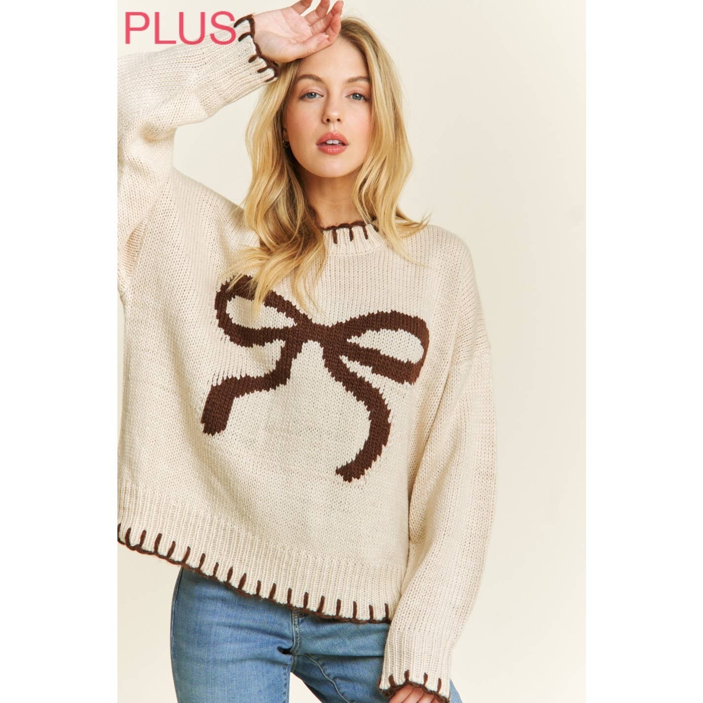 Sweet Generis – wholesale Knitted jumper – Women′s – PLUS HOLIDAY BIG BOW SWEATER PULLOVER WITH CONTRAST EDGE STI9