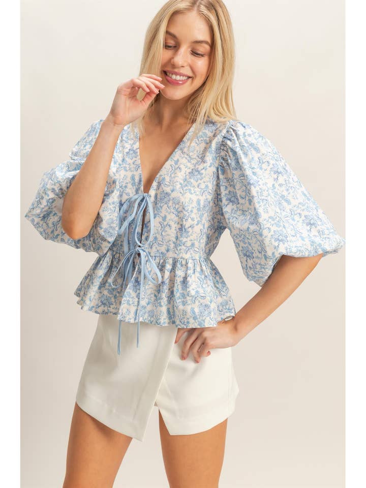 Floral Tie-Front Peplum Top for wholesale by HYFVE