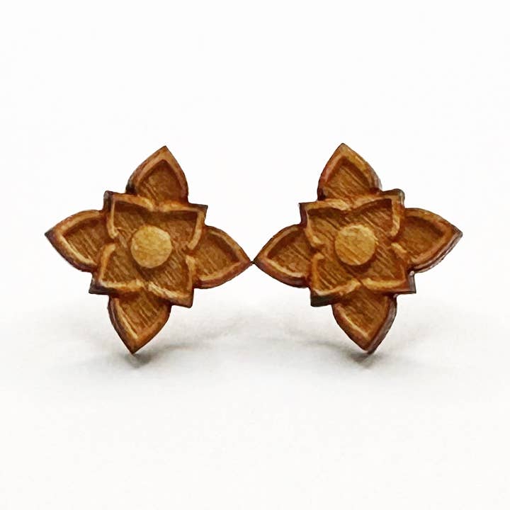 Geometric Floral Star Baltic Birch Wood Post Earrings for wholesale by MergingMetals
