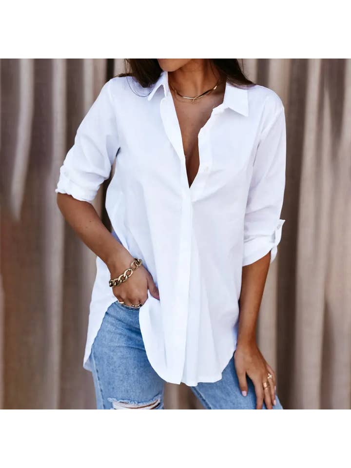 Lily Clothing - Wholesale Shirt - Women's - SIMPLE LONG SLEEVE V-NECK BUTTON-DOWN SHIRT