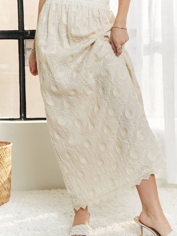 BEIGE CES3779WN- ELASTIC WAIST APPLIQUE MAXI SKIRT for wholesale on Faire