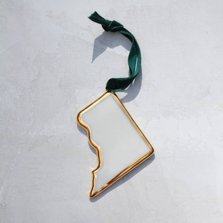 Washington DC Handmade Porcelain State Ornament w/Gold for wholesale by Apricity Ceramics