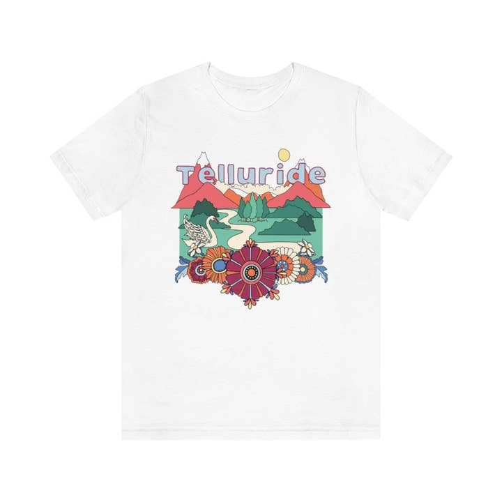 Hey Mountains - Wholesale Screen Printed T-Shirt - Women's - Telluride T-Shirt - Retro Mountain / Hippie Style Colorado1