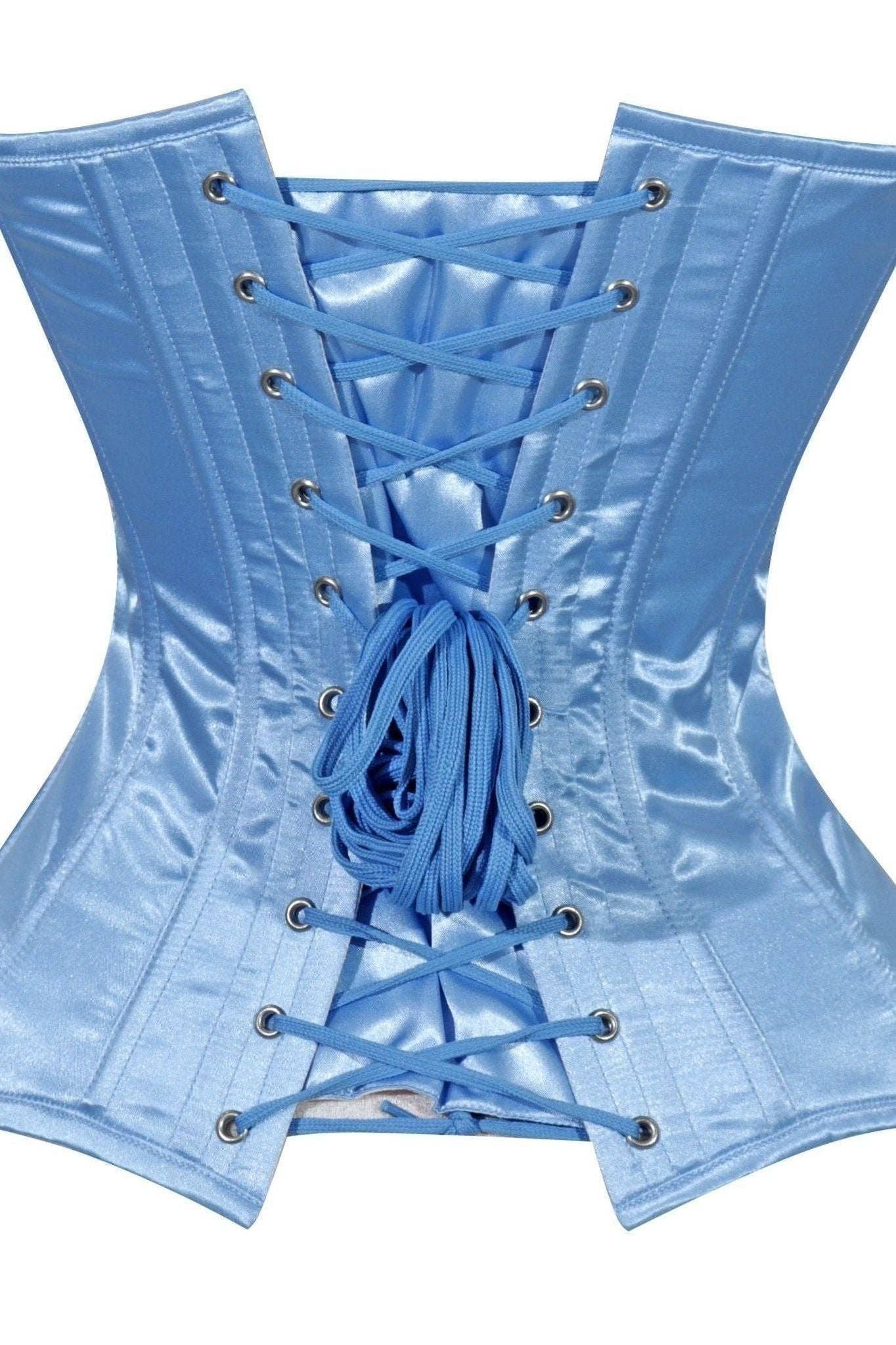 Daisy Corsets - Wholesale Korset - Dames - Weelderige Lichtblauwe Satijnen Overbust Korset Hartvormige Halslijn Busksluiting2