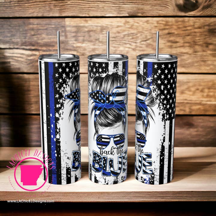 Back the Blue Messy Bun Tumbler for wholesale by LAChic81 Designs