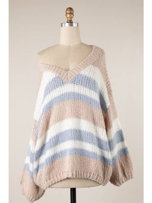MIRACLE - Wholesale Knit Sweater - Women's - Puff Sleeve V Neck Striped Cable Knit Sweater