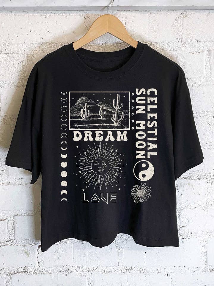 CELESTIAL SUN AND MOON GRAPHIC LONG CROP TOP for wholesale by Rustee Clothing