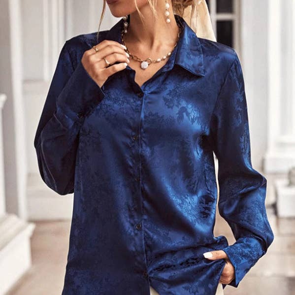 Long Sleeves Loose Jacquard Split-Joint Lapel Blouses&Shirts Tops for wholesale by ShieldChic