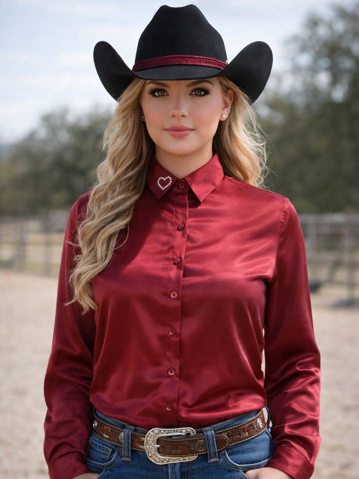 Scarlet Crystal Heart Satin Button Up Rodeo Shirt for wholesale by Neon Spur LLC