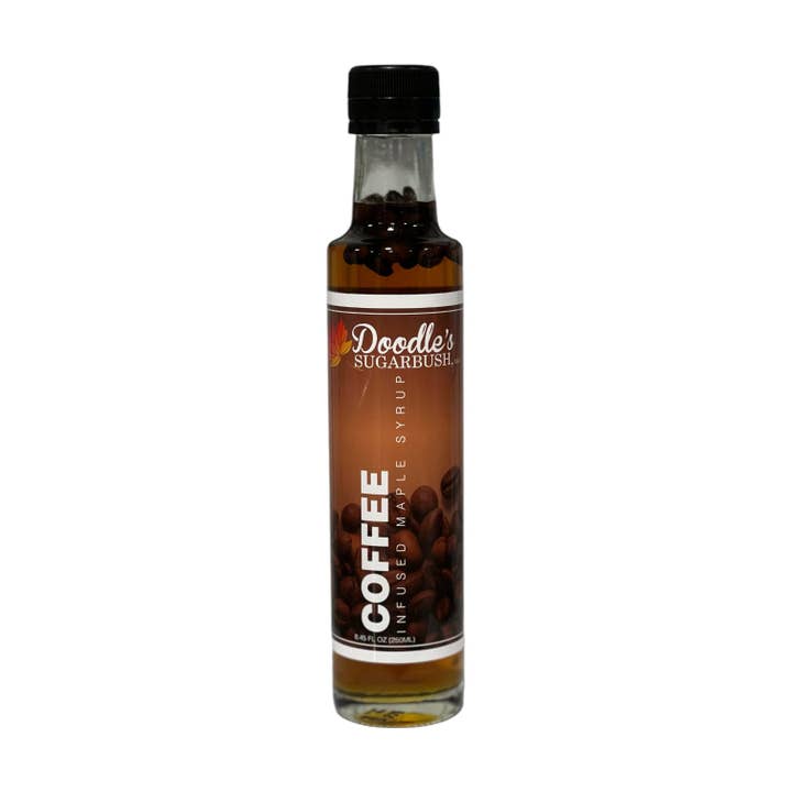 Coffee Infused Maple Syrup - 8.45oz glass bottle for wholesale by Doodle's Sugarbush, LLC - Pure Michigan Maple Syrup