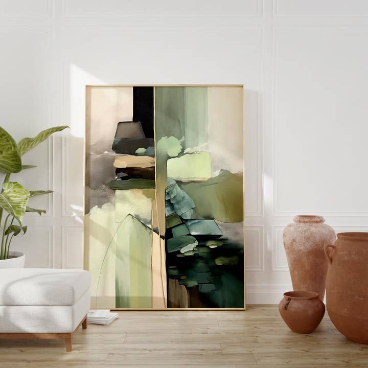 Japandi Green Abstract Art Print - Wabi Sabi Wall Art for wholesale by Eclectic Dreams Studio