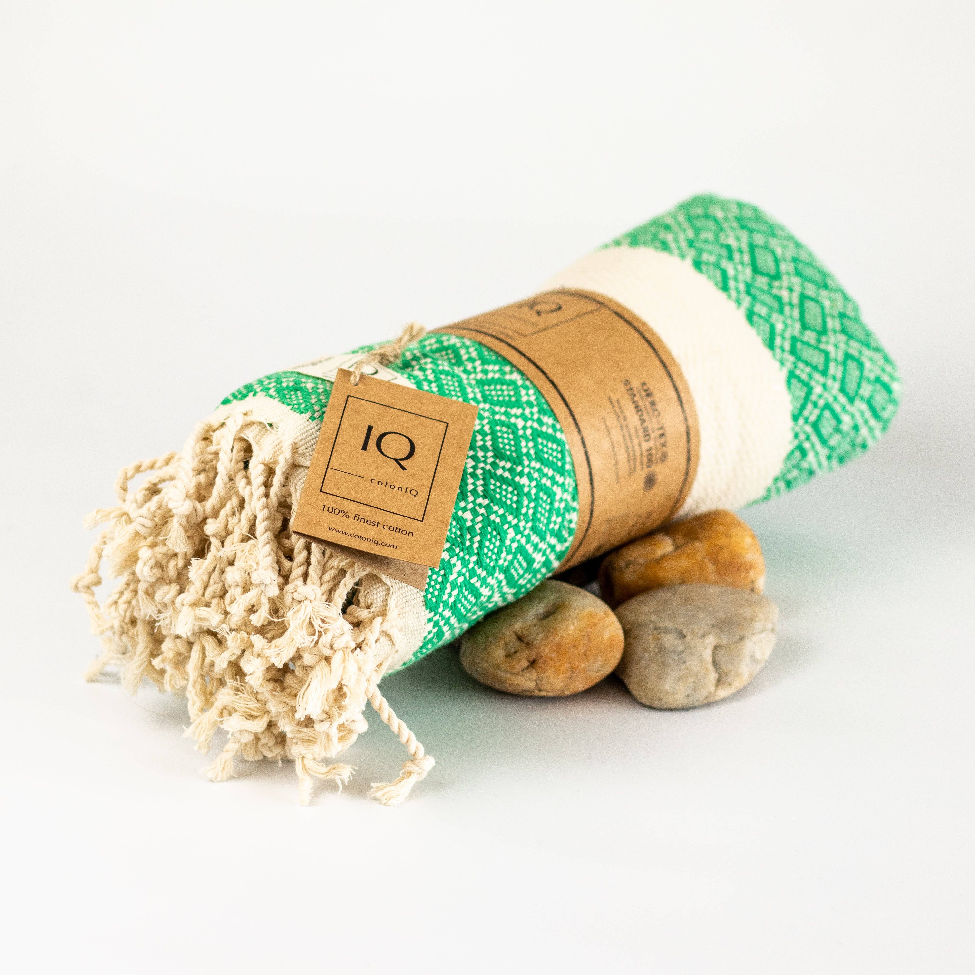 cotonIQ - Vente Serviette de plage - Serviette Hammam, Sauna et Plage Bolivia Vert 180x100 cm1