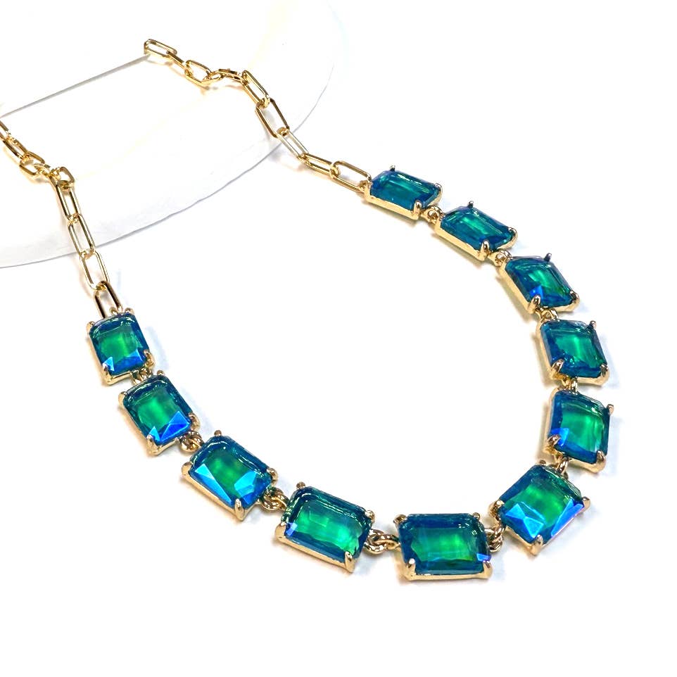 StarryNYC - Wholesale Link & chain necklace - Rectangle Crystal Glass Linked Statement Chain Necklace 22