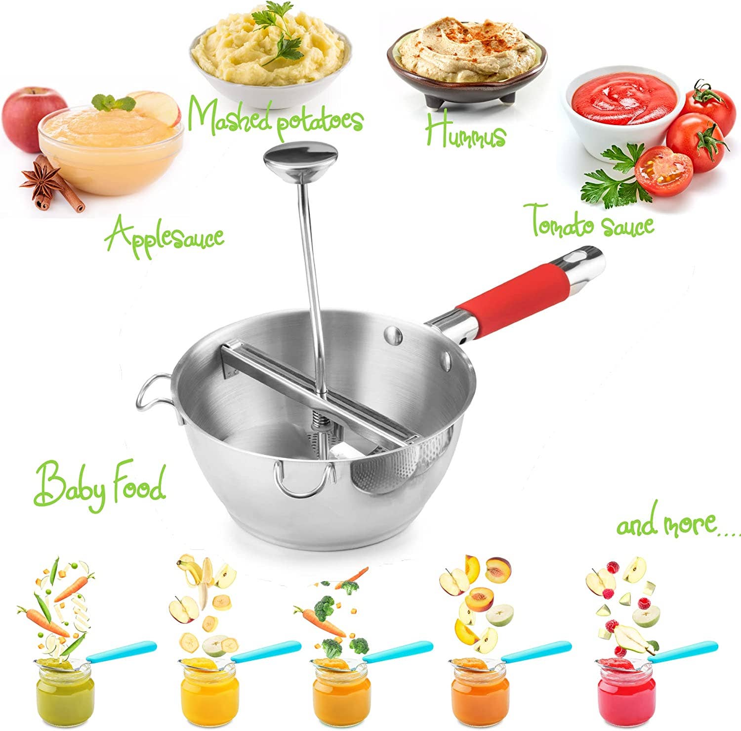 Bezrat - Wholesale Kitchen Tool/Gadget - Food Mill with 3 Food Grinder Discs & Bowl (Red)5