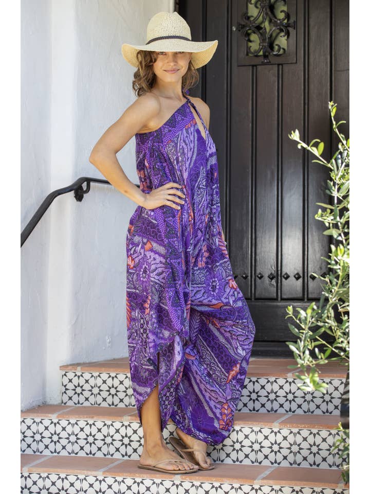 Bali Prema – wholesale Jumpsuit – Women's – Gypsy Summer Jumpsuit in Bird Cay Purple Leaf Batik No Pocket, Womens Beach Jumpsuit Convert to Dress, Boho Clothing