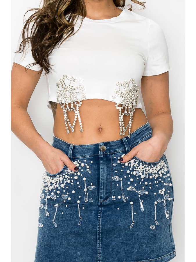SALT - Wholesale Skirt - Women's - (SK1947) Denim Skirts with Pearls and Crystals (3 colors)
