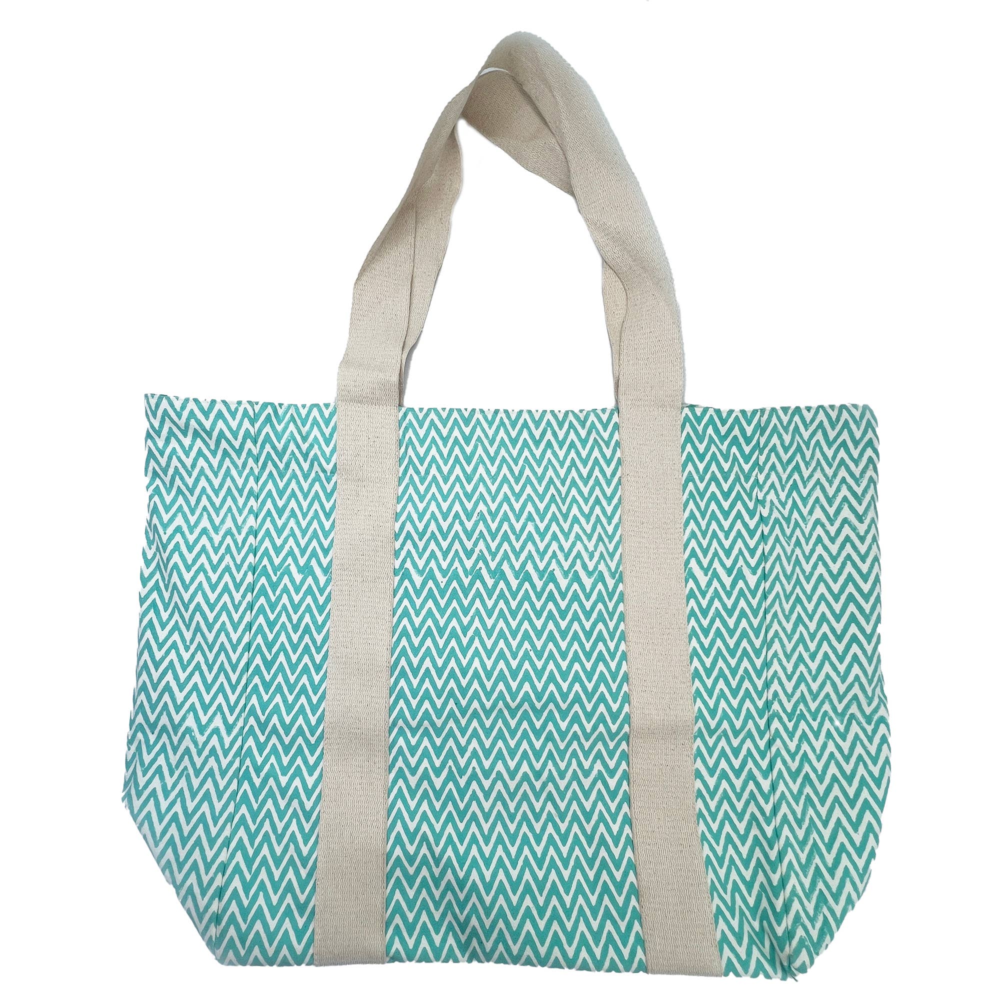 Anju Jewelry - Wholesale Tote Bag - Women's - Handcrafted Canvas Bag with Block-Printed Aqua Zigzag1