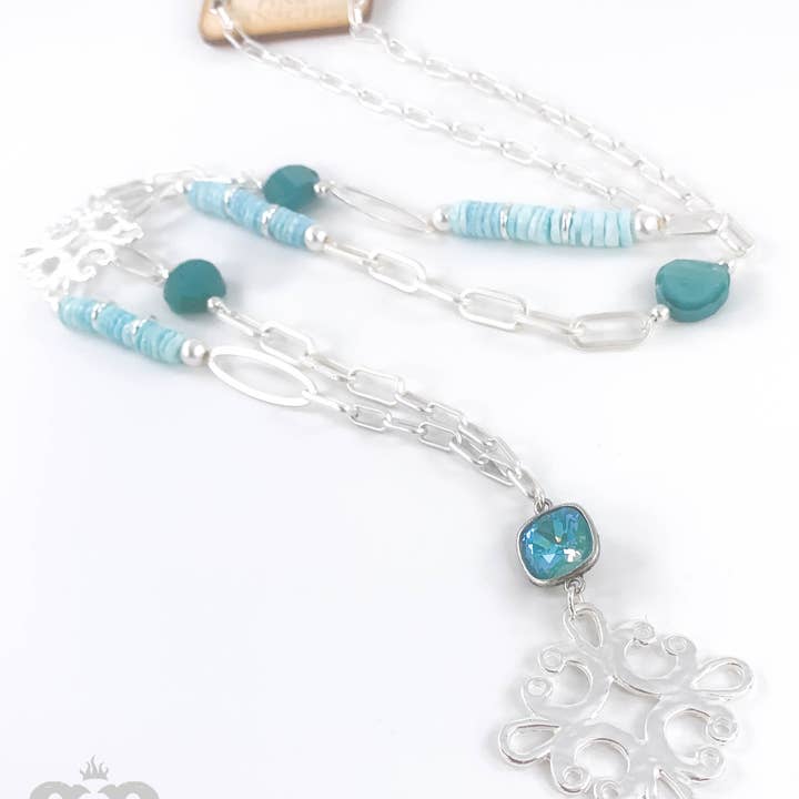 Pink Panache Brands - Wholesale Pendant/Charm Necklace - Scroll cross and bead necklace with Austrian crystal