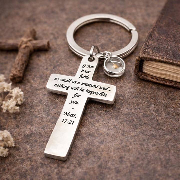Mustard Seed Faith Cross Keychain Stainless Steel Christian Keychain Scripture Gift Matt 17 21 Inspirational Faith Gift for wholesale by JKCE Designs