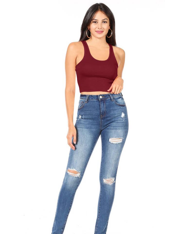 Dam Casual Stretch Ribbad Enfärgad Beskärning Tank Cami Topp för wholesale av MOA COLLECTION