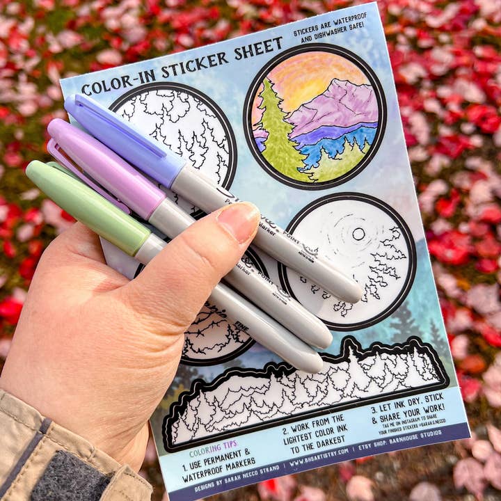 BarnHouse Studios - Wholesale Sticker - Color-In PNW Landscape Sticker Sheet 5"x7" for Kids & Adults