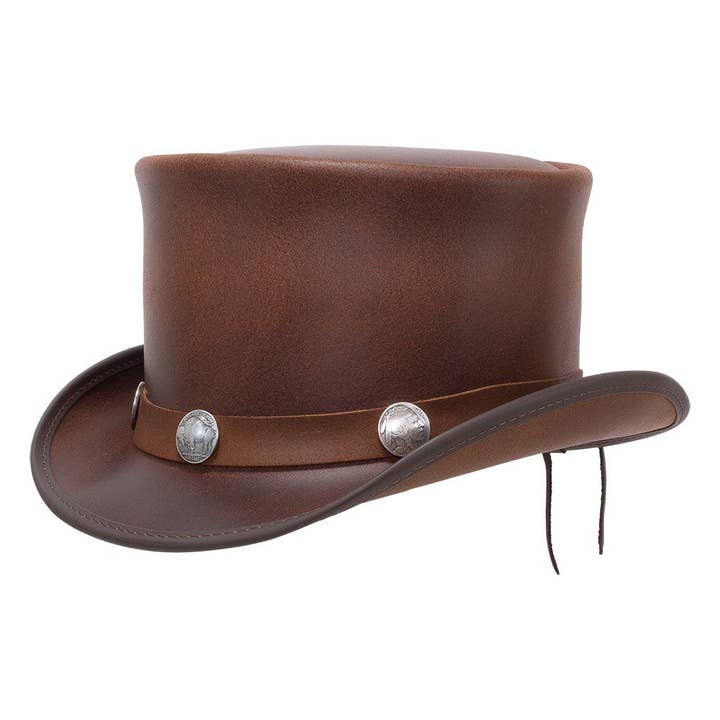 American Hat Makers - Vente Chapeau en feutre – unisexe - Chapeau Haut de Forme en Cuir de Motard avec Bande en Buffle - Style El Dorado Buffle4