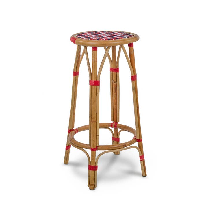 BONNECAZE - Wholesale Stool - Valence French Bistro Rattan Bar Stool - Crosses - Red/Navy Blue/White