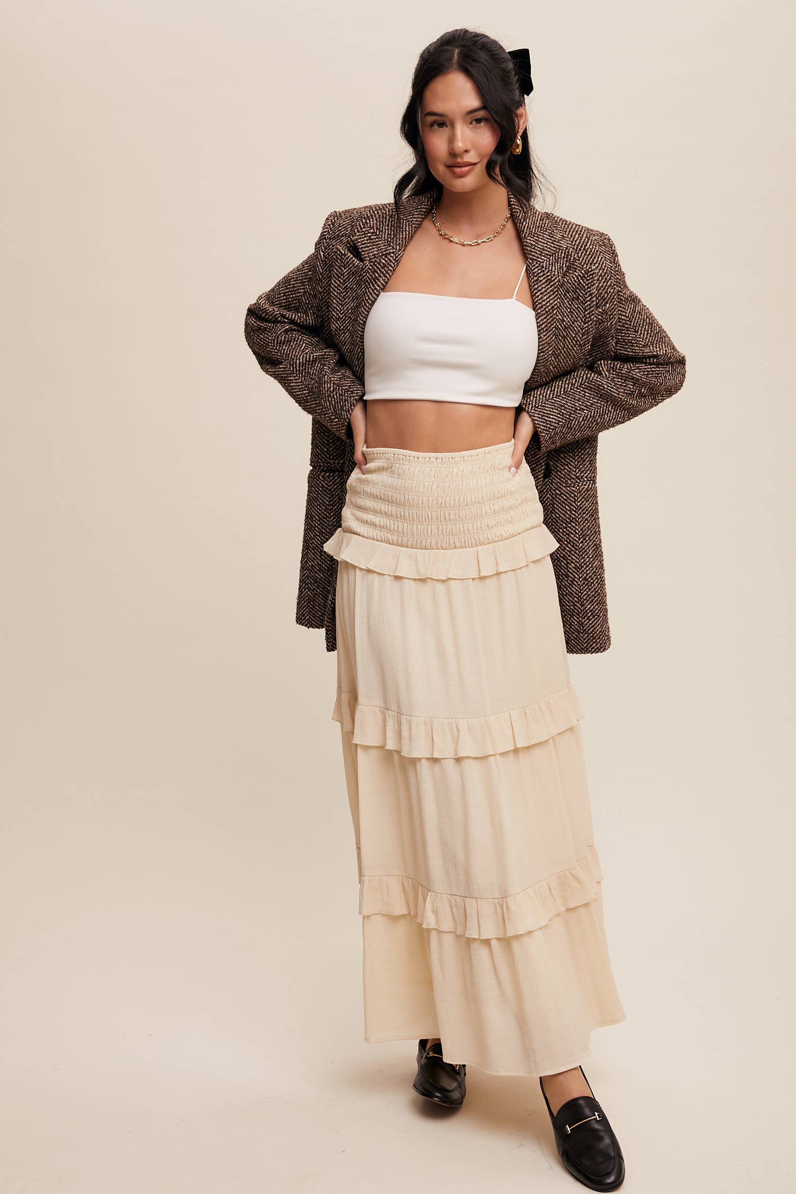 Listicle - Wholesale Skirt - Women's - 2-Way Smocked Ruffle Tiered Midi Dress or Skirt37