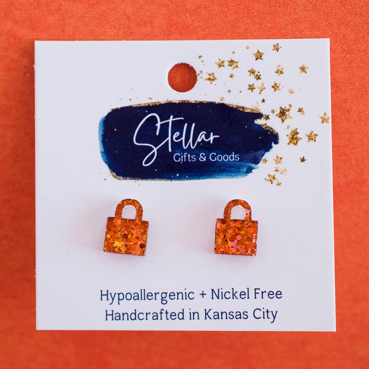 Clous de verrouillage - Paillettes confettis orange - Boucles d'oreilles Showgirl pour la vente par Stellar Gifts & Goods Wholesale