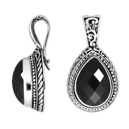 AP-8028-OX Sterling Silver Black Onyx Teardrop Pendant With Traditional Balinese Carved Frame And Refined Decorative Artisanal Craftsmanship for wholesale by Bali Designs