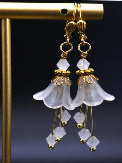 Bell Flower Bridal Dangle Earrings - White and Gold for wholesale by Chic Brico