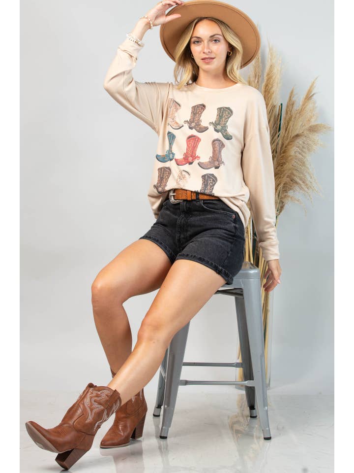 Khaki KC035-KACY WESTERN BOOOTS GRAFISK SWEATSHIRT for engroshandel på Faire