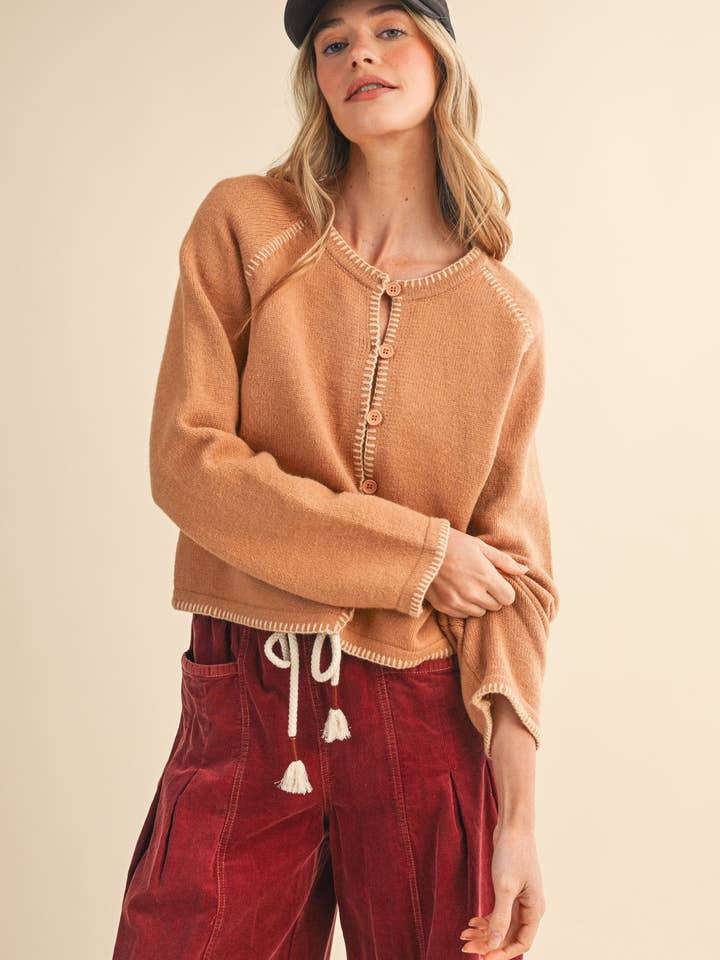 &MERCI - Wholesale Cardigan - Women's - CONTRAST BLANKET STITCH SWEATER CARDIGAN MSW1119675