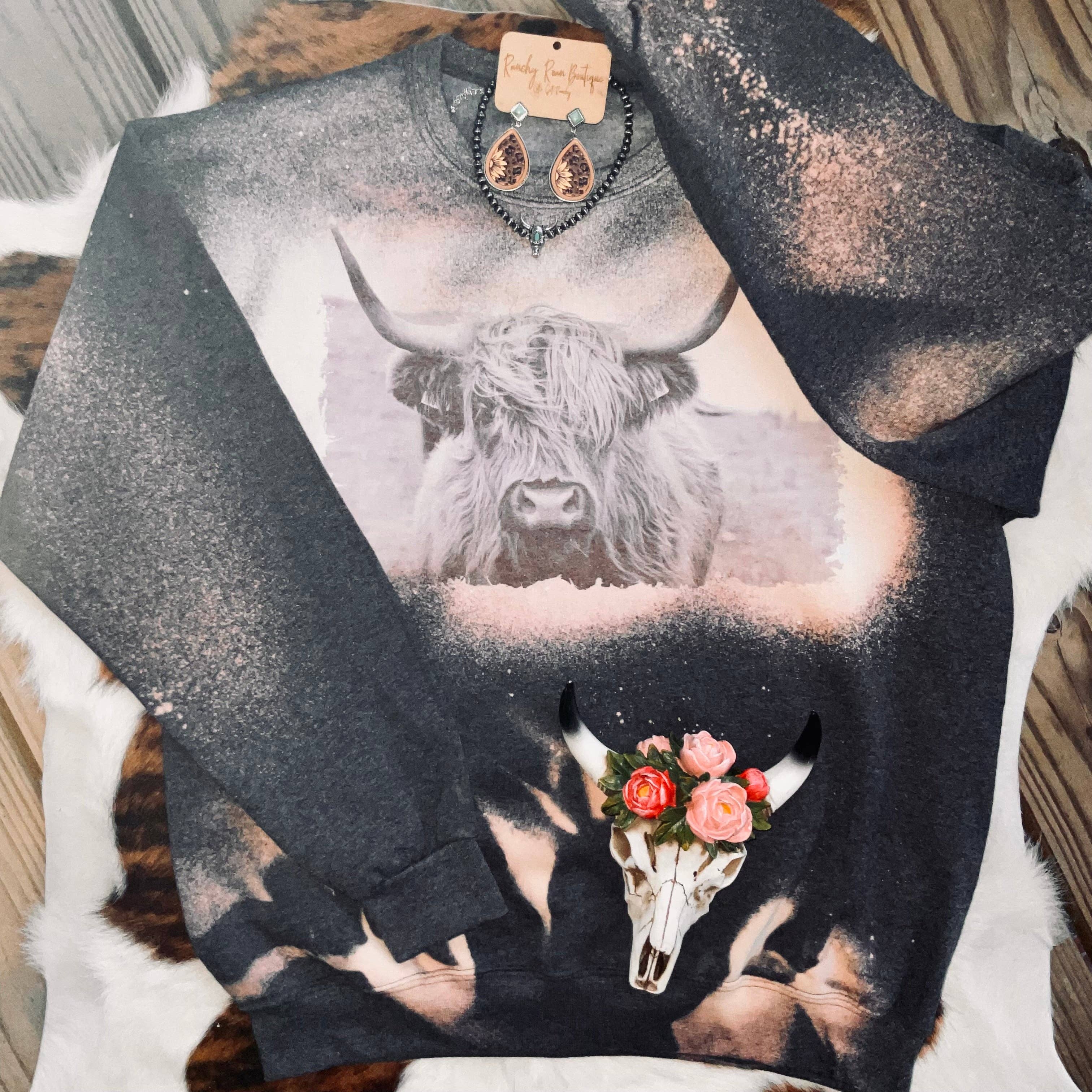 Ranchy Roan Boutique - Wholesale Graphic Sweatshirt - Women's - Highland Cow Western Distressed Sweatshirt3