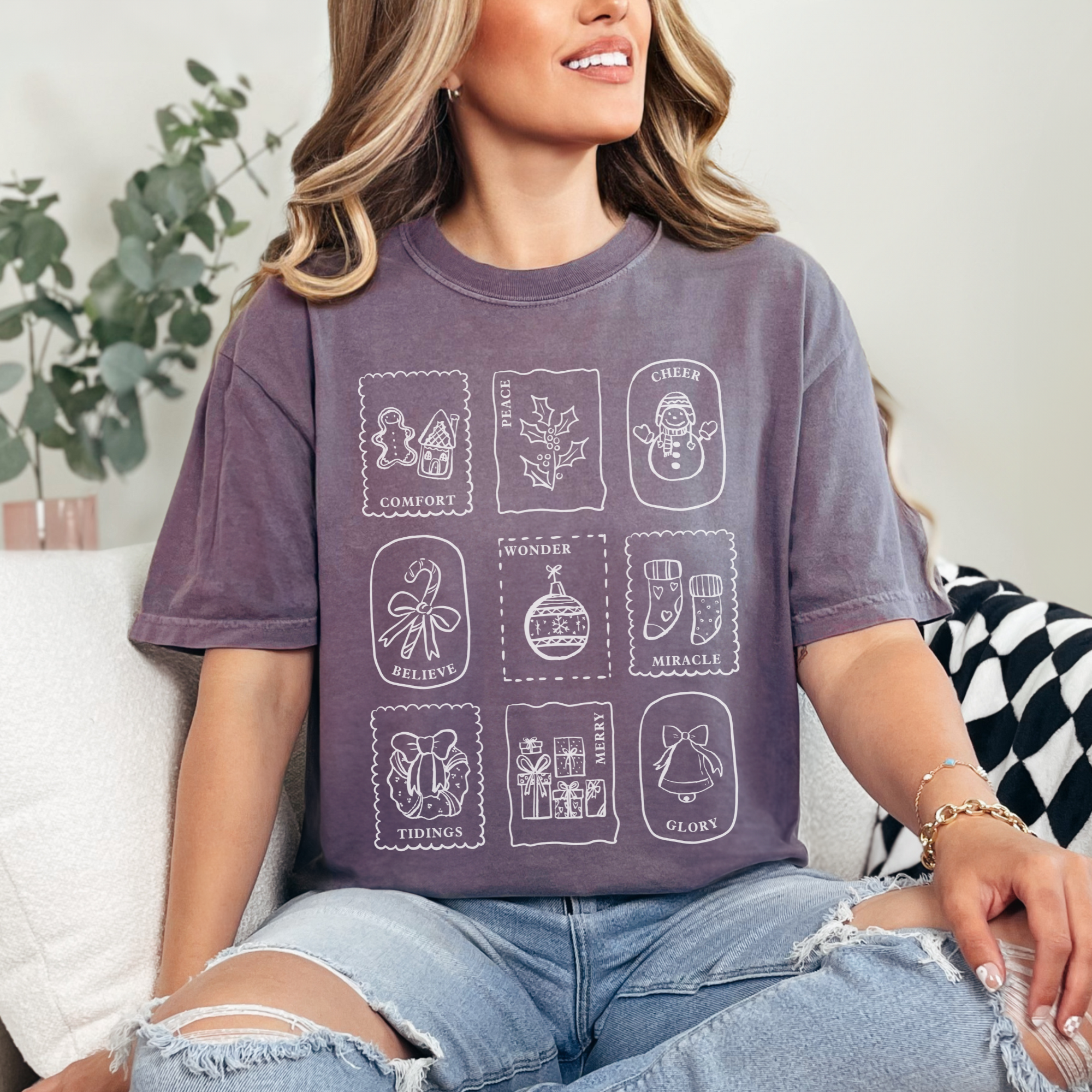 Scripted Pearl - Wholesale Screen Printed T-Shirt - Women's - Christmas Stamps Comfort Colors Holiday Graphic T Shirt3