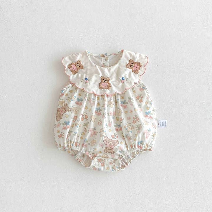 Beige Summer Arrival Baby Girls Cute Teddy and Flowers Pattern Sleeveless Onesies for wholesale on Faire