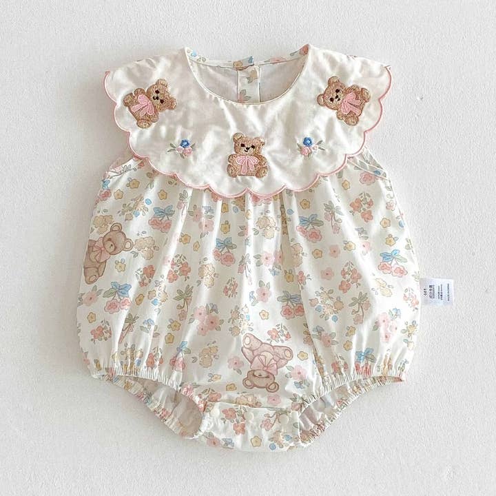 Beige Summer Arrival Baby Girls Cute Teddy and Flowers Pattern Sleeveless bodysuit for wholesale on Faire0