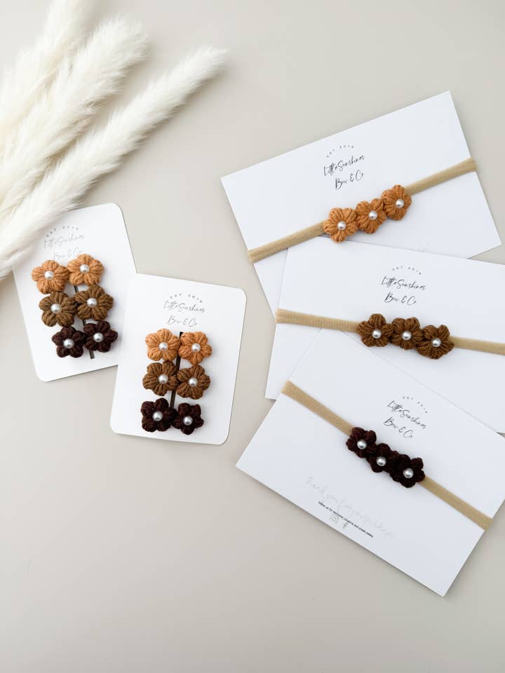 Crochet Flower Clip Sets & Nylon Headbands for wholesale by Little Sunshines Bow & Co