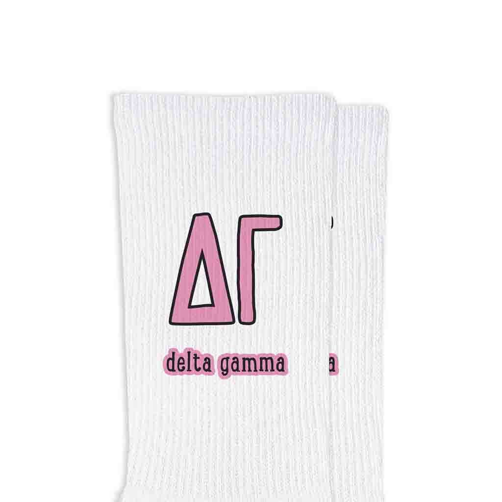 White Sorority Crew Socks with Name and Letters in Sorority Colors for wholesale on Faire10