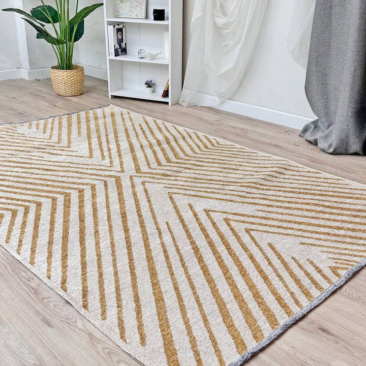 Geometric Cream & Gold Woven Washable Area Rugs for wholesale by Alfa Rich Inc