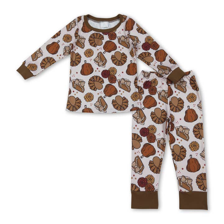 Yawoo Garments - Wholesale Sleepwear Set - Kids - Pumpkin pie bow turkey kids girls Thanksgiving pajamas
