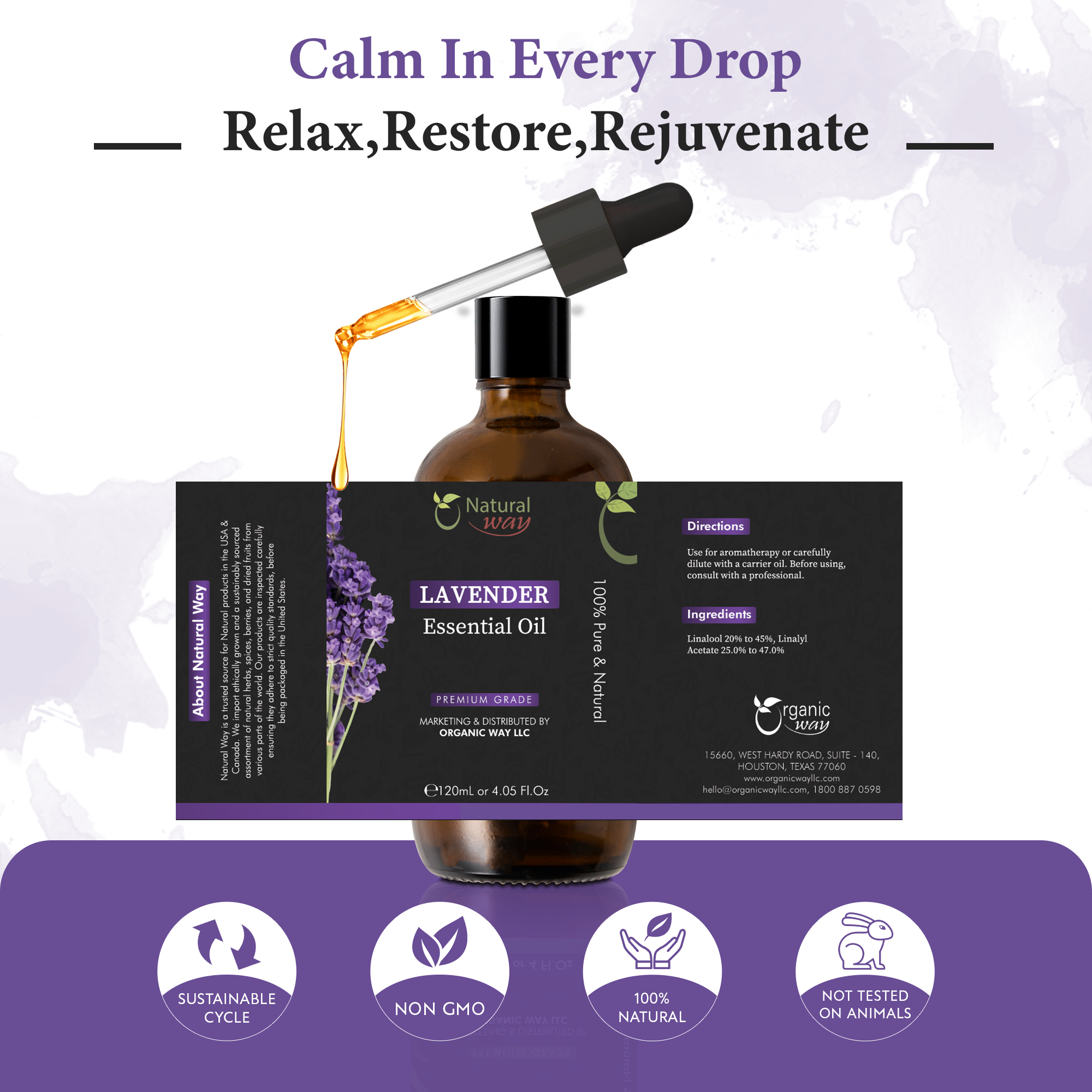 Organic Way LLC – wholesale Eterisk olja – Natural Way Lavendel eterisk olja | Premium eteriska oljor för hårvård, olja för hud, aromaterapi och diffusor | Eterisk olja för borttagning av hudflikar, massageolja och användning i luftfuktare | 4 Fl Oz (120 mL)5