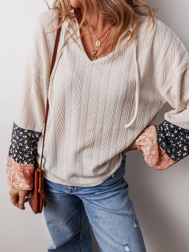 Lovesoft - Wholesale Blouse – Women’s - Floral Patchwork Textured Knit Drawstring V Neck Blouse2